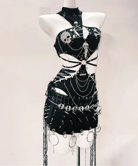 Fierce Gothic Skull & Chain Ribcage Halter Top & Mini Skirt Set - Spooky Season & Rave Ready
