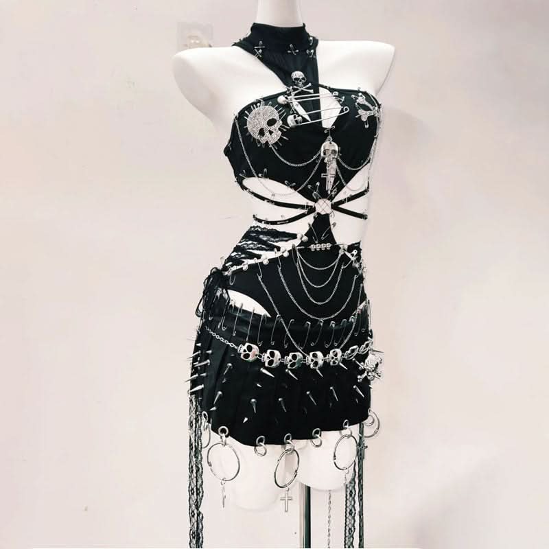 Fierce Gothic Skull & Chain Ribcage Halter Top & Mini Skirt Set - Spooky Season & Rave Ready