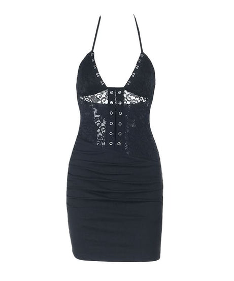 Siren Chic: Black Lace Halter Mini Dress with Corset Details – Your Go-To for Fall Nights & Party Season