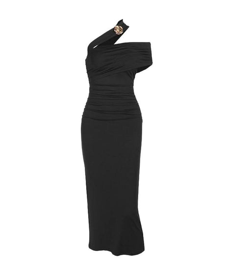 Glamorous Wine Red One-Shoulder Ruched Midi Dress - Perfect for Fall & Holiday Parties