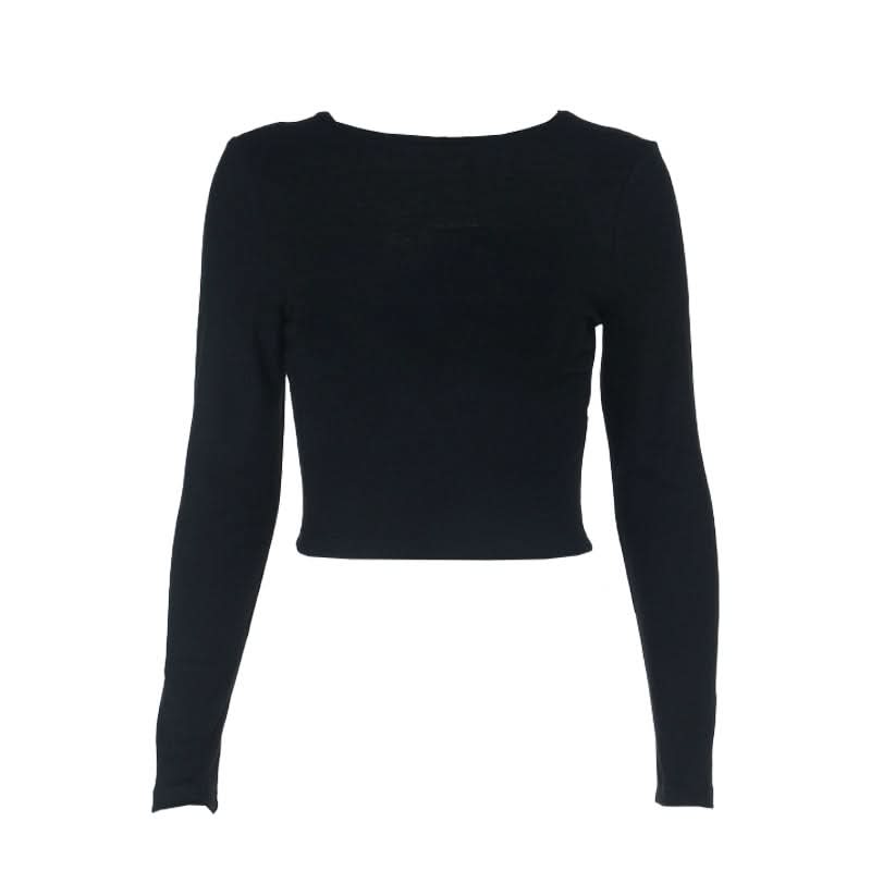 Fall Essential: Chic Black Long Sleeve Crewneck Crop Top with Self-Tie Backless Design