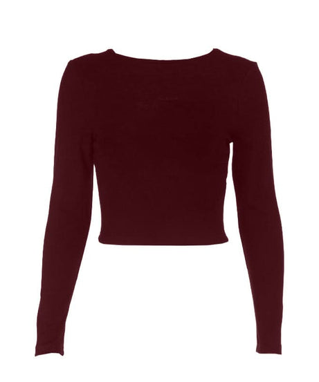 Fall Essential: Chic Black Long Sleeve Crewneck Crop Top with Self-Tie Backless Design