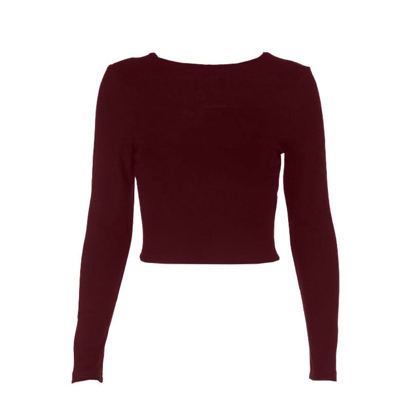 Fall Essential: Chic Black Long Sleeve Crewneck Crop Top with Self-Tie Backless Design