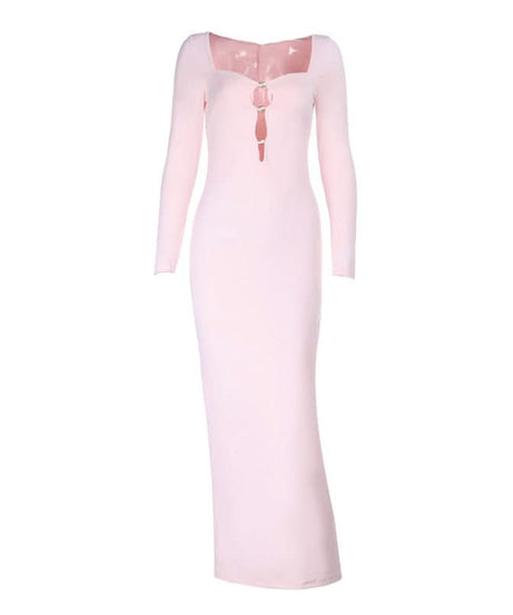 Elegant Blush Pink Long Sleeve Maxi Dress | Square Neck Keyhole | Fall & Holiday Party Ready