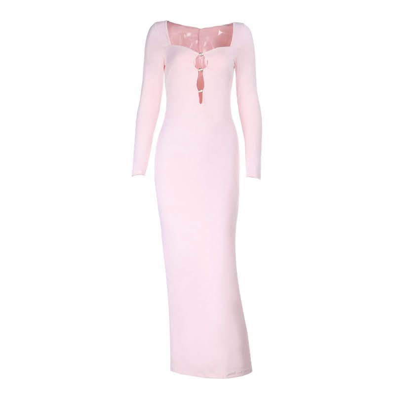 Elegant Blush Pink Long Sleeve Maxi Dress | Square Neck Keyhole | Fall & Holiday Party Ready