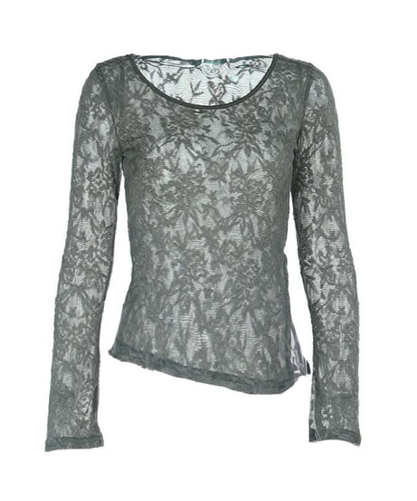 Fall Elegance: Chic Grey Sheer Lace Asymmetric Long Sleeve Top for Women