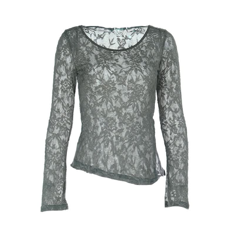 Fall Elegance: Chic Grey Sheer Lace Asymmetric Long Sleeve Top for Women