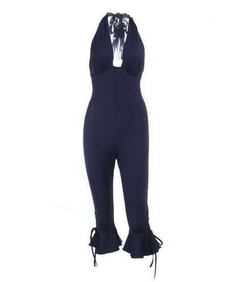 Fall Chic Halter Neck Jumpsuit | Deep V Ruched Bodice & Ruffle Tie Ankles