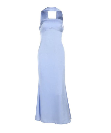 Elegant Sky Blue Satin Halter Maxi Dress - Perfect for Fall & Holiday Galas
