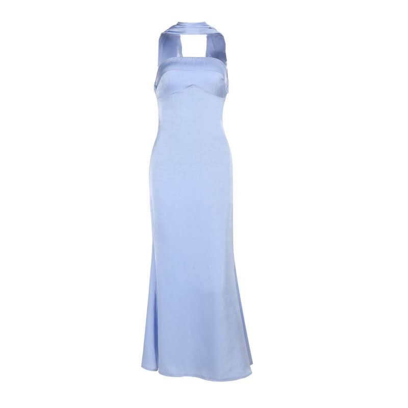 Elegant Sky Blue Satin Halter Maxi Dress - Perfect for Fall & Holiday Galas