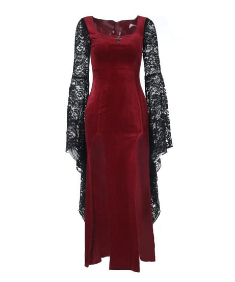 Gothic Vampire Velvet Slit Gown with Dramatic Lace Bell Sleeves | Perfect for Halloween & Fall