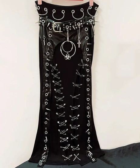 Unleash Your Edge: Goth Punk Faux Leather O-Ring Maxi Skirt with Safety Pin Detail | Fall & Halloween Statement Piece