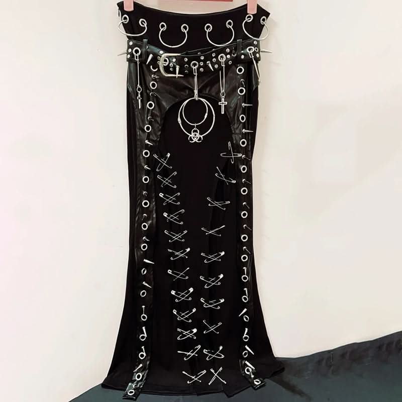 Unleash Your Edge: Goth Punk Faux Leather O-Ring Maxi Skirt with Safety Pin Detail | Fall & Halloween Statement Piece