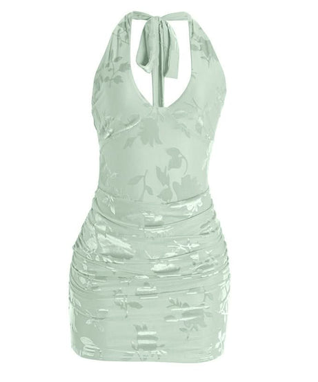 Chic Peach Floral Halter Mini Dress: Ruched Bodycon Style for Fall Events & Beyond