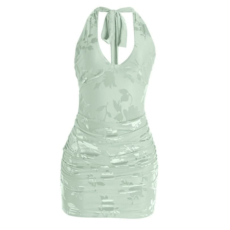 Chic Peach Floral Halter Mini Dress: Ruched Bodycon Style for Fall Events & Beyond