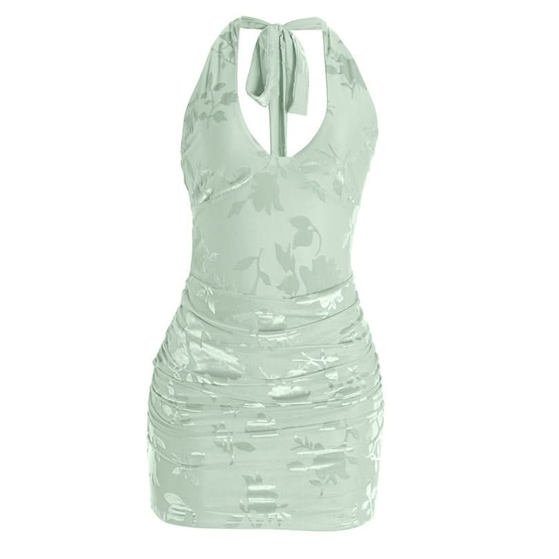 Chic Peach Floral Halter Mini Dress: Ruched Bodycon Style for Fall Events & Beyond