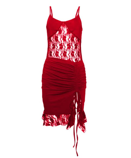 Fall Flirt: Black Lace & Ruched Drawstring Cami Mini Dress - Your Halloween Party Go-To