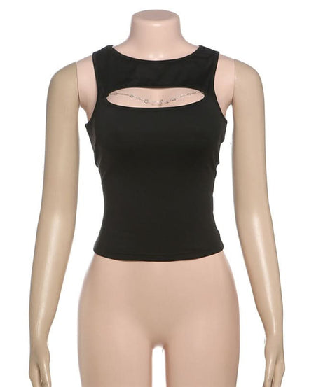Edgy Chic Black Cutout Tank Top with Dazzling Chain Detail - Your Fall Statement Piece