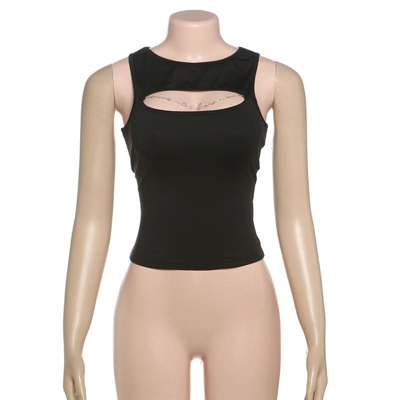 Edgy Chic Black Cutout Tank Top with Dazzling Chain Detail - Your Fall Statement Piece