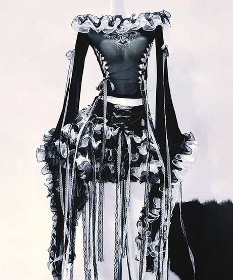 Bewitching Black Ruffle Off-Shoulder Mesh Top | Fall Gothic Glam & Lace-Up Detail