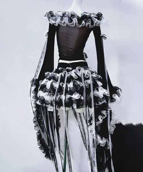 Bewitching Black Ruffle Off-Shoulder Mesh Top | Fall Gothic Glam & Lace-Up Detail