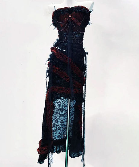 Enchanting Gothic Velvet & Lace High-Low Dress - Dark Romance for Halloween & Fall Events