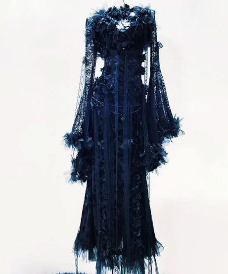 Mystic Midnight Bloom Lace Maxi Gown: Enchanting Fall Gala & Halloween Chic