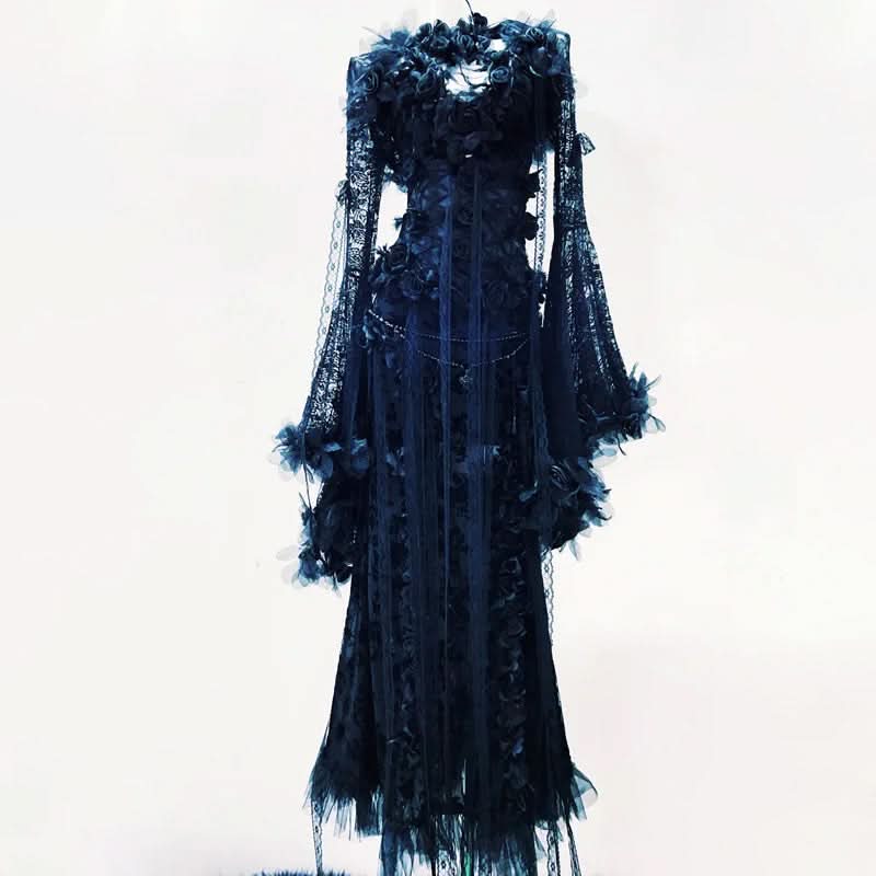 Mystic Midnight Bloom Lace Maxi Gown: Enchanting Fall Gala & Halloween Chic
