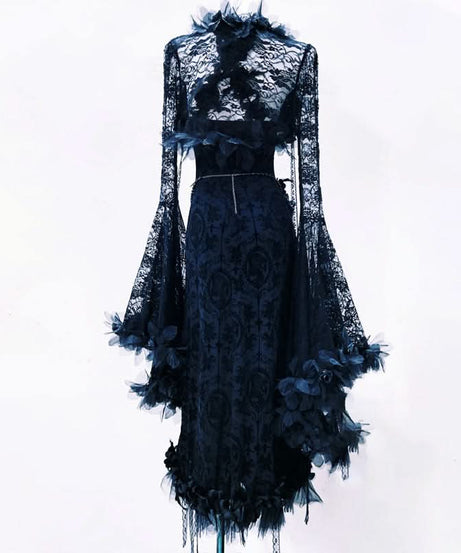Enchanting Gothic Romance Black Lace Maxi Dress | Dramatic Bell Sleeves & Floral Appliques for Fall & Halloween