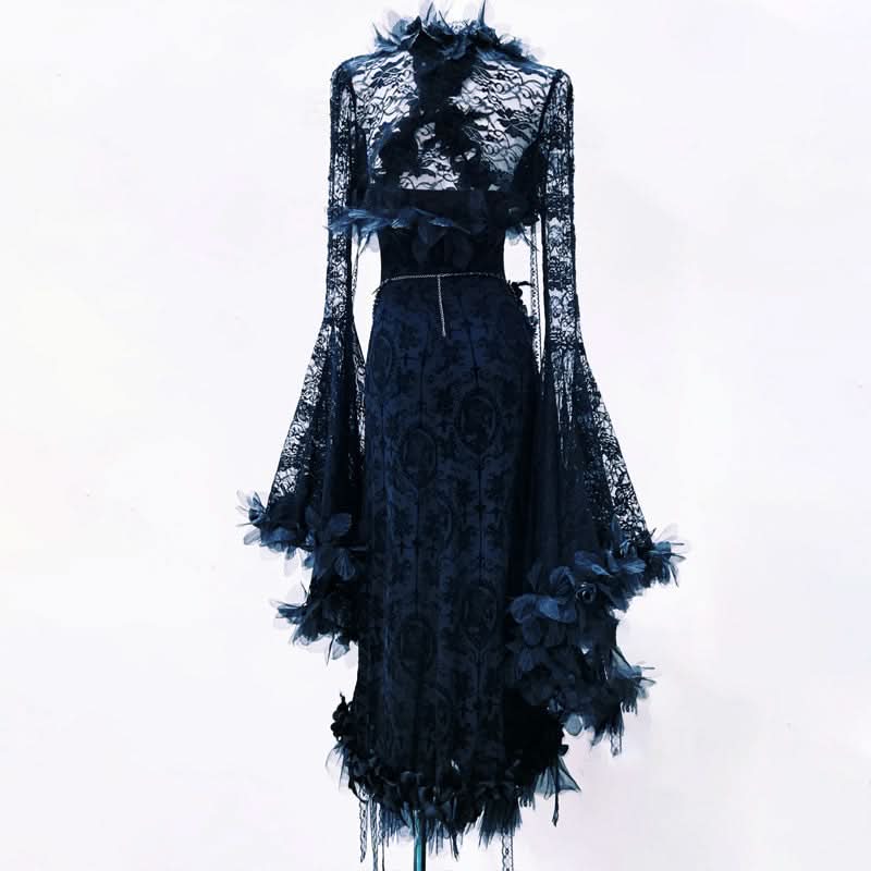 Enchanting Gothic Romance Black Lace Maxi Dress | Dramatic Bell Sleeves & Floral Appliques for Fall & Halloween