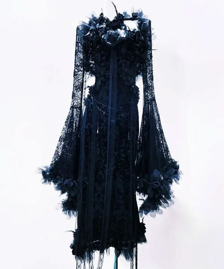 Enchanting Gothic Romance Black Lace Maxi Dress | Dramatic Bell Sleeves & Floral Appliques for Fall & Halloween