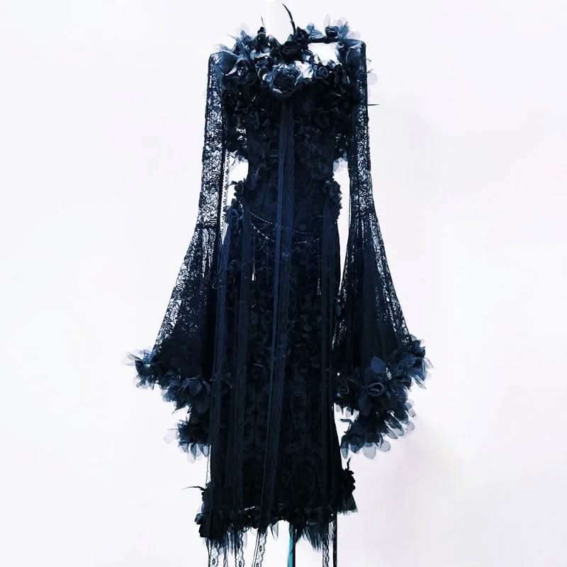 Enchanting Gothic Romance Black Lace Maxi Dress | Dramatic Bell Sleeves & Floral Appliques for Fall & Halloween