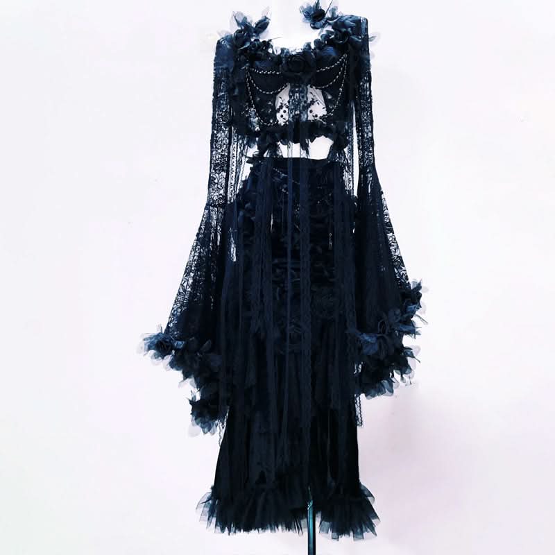 Enchanting Midnight Lace Maxi Gown: Gothic Floral & Chain Detail for Fall & Halloween