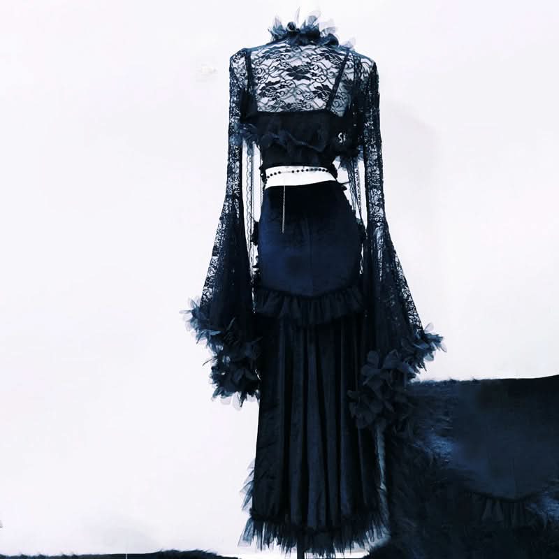 Enchanting Midnight Lace Maxi Gown: Gothic Floral & Chain Detail for Fall & Halloween