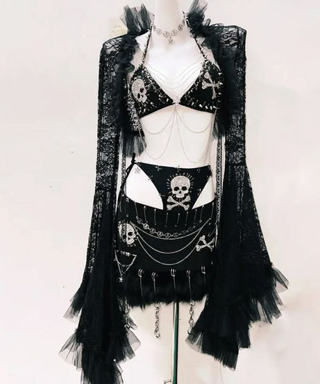 Bewitching Goth Skull & Chain Lace Set - Halloween, Festival & Dark Glam Rave Outfit