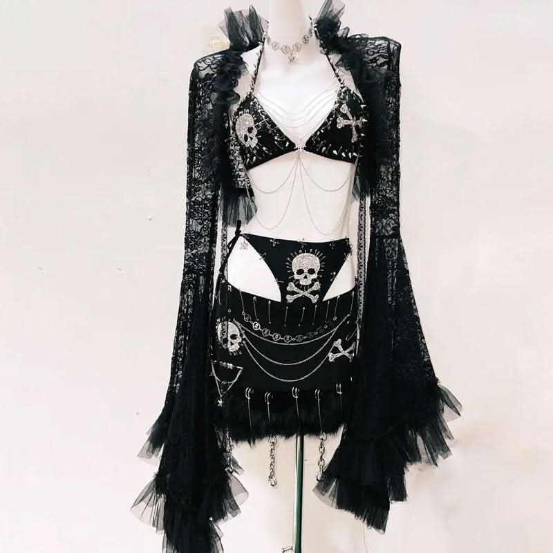 Bewitching Goth Skull & Chain Lace Set - Halloween, Festival & Dark Glam Rave Outfit