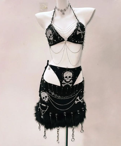 Bewitching Goth Skull & Chain Lace Set - Halloween, Festival & Dark Glam Rave Outfit