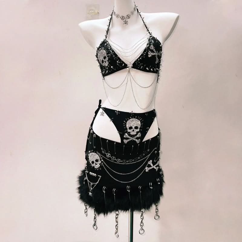 Bewitching Goth Skull & Chain Lace Set - Halloween, Festival & Dark Glam Rave Outfit
