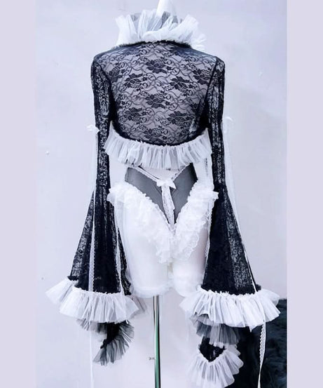 Gothic Glam Skeleton Ribcage Lace Bodysuit – Spooky Chic Halloween Ruffle Flare Sleeve Top