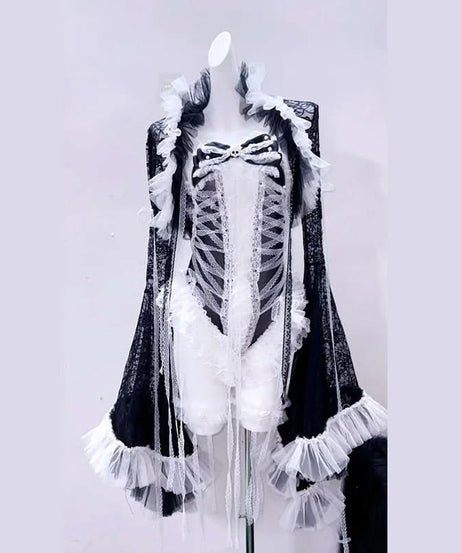 Gothic Glam Skeleton Ribcage Lace Bodysuit – Spooky Chic Halloween Ruffle Flare Sleeve Top