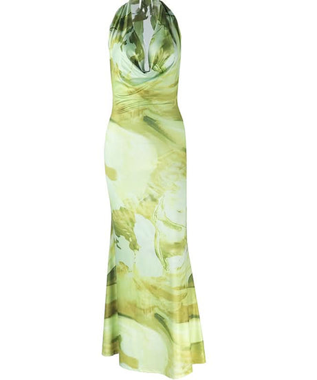 Stunning Abstract Green Halter Cowl Neck Maxi Dress - Backless Elegance for Fall & Resort