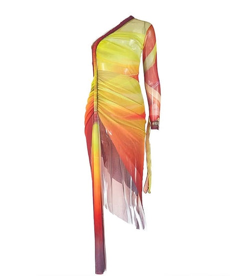 Golden Hour Glow: One-Shoulder Ombre Mesh Midi Dress - Slit & Ruched for Fall Getaways