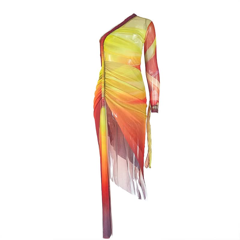 Golden Hour Glow: One-Shoulder Ombre Mesh Midi Dress - Slit & Ruched for Fall Getaways