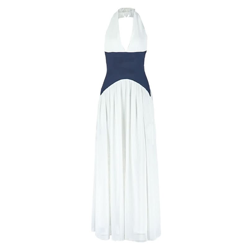 Coastal Chic Halter Maxi Dress – Two-Tone Navy & White for Resort & Fall Getaways