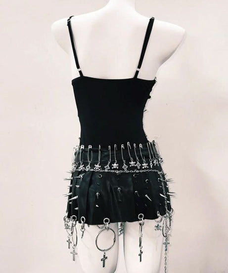 Fierce Skull & Chain Safety Pin Bodysuit – Ultimate Halloween & Goth Statement for Fall