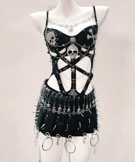 Fierce Skull & Chain Safety Pin Bodysuit – Ultimate Halloween & Goth Statement for Fall