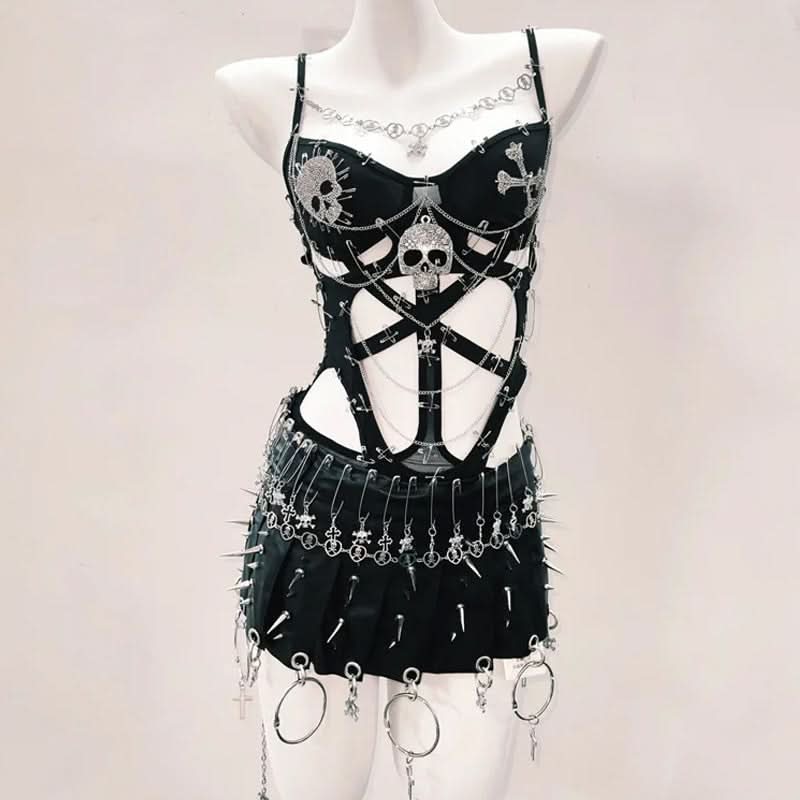 Fierce Skull & Chain Safety Pin Bodysuit – Ultimate Halloween & Goth Statement for Fall
