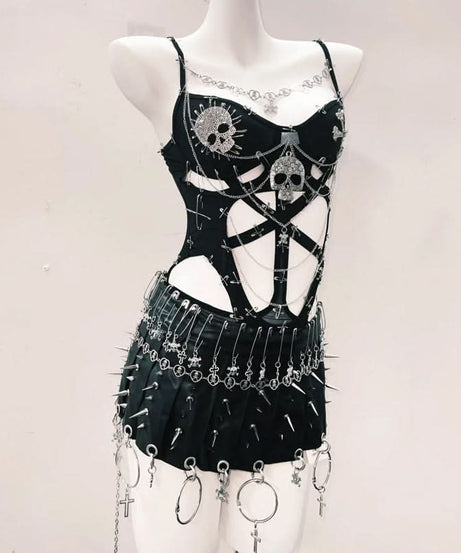 Fierce Skull & Chain Safety Pin Bodysuit – Ultimate Halloween & Goth Statement for Fall
