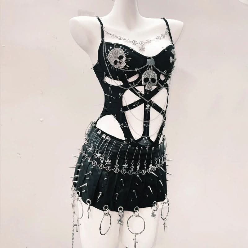 Fierce Skull & Chain Safety Pin Bodysuit – Ultimate Halloween & Goth Statement for Fall
