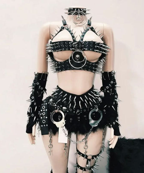 Unleash Your Power: Spiked Goth Punk Faux Leather Harness Bra Top - Ultimate Halloween, Rave & Festival Statement